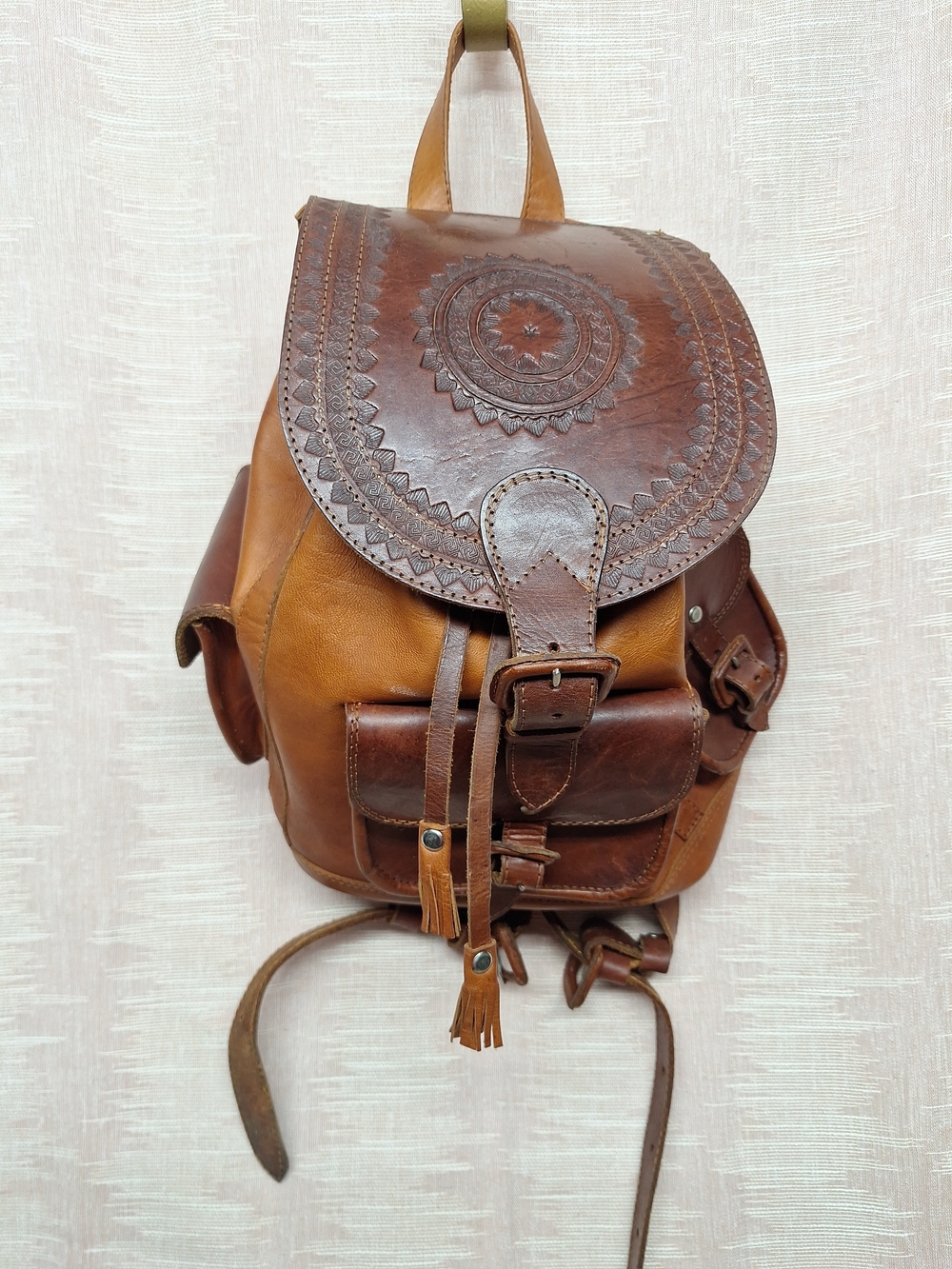 Handcrafted Brown Leather Embossed Flap Backpack
